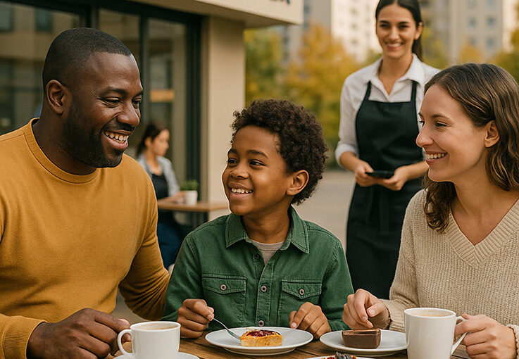 Eine lächelnde dreiköpfige Familie genießt ein Dessert und einen Kaffee an einem Tisch des Sozialcafés Thermometer im Freien, während eine Kellnerin mit einem Notizblock in der Nähe steht. Die warme, angenehme Atmosphäre suggeriert einen glücklichen Moment des Zusammenseins in diesem neuen Projekt.