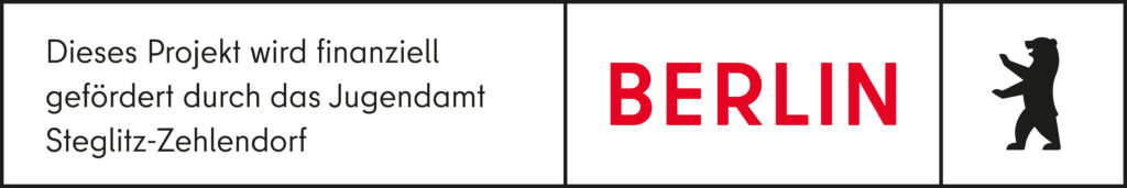 Das Bild mit dem Titel "Automatisch gespeicherter Entwurf" zeigt einen deutschen Text, der auf die finanzielle Unterstützung durch das Jugendamt Steglitz-Zehlendorf hinweist, sowie das Wort BERLIN in roter Schrift mit einem schwarzen Bärenlogo.